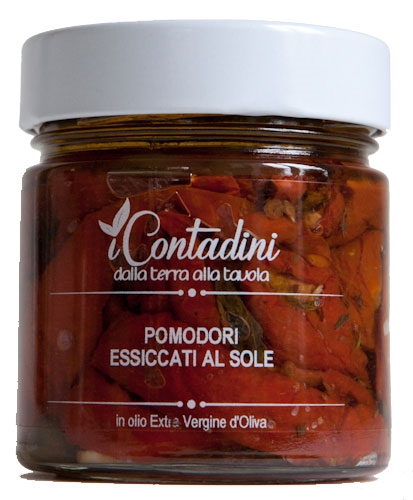 Soltorkade marzanotomater i extra jungfruolja, kapris, vitlök, Il Contadini, Apulien. 230 g netto
