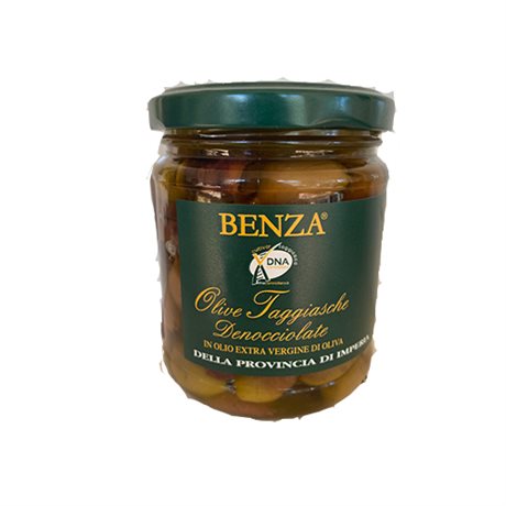 Urkärnade taggiascaoliver i extra jungfruolja, Benza, Ligurien. <br>180 g