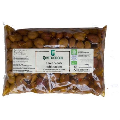 Gröna oliver i extra jungfruolja med fänkål och chili, Quattrociocchi. <br>450 g netto