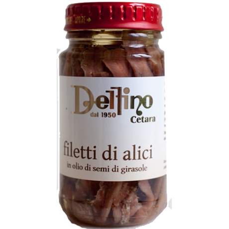 Sardellfileer i solrosolja Delfino, Kampanien <br>130 g netto