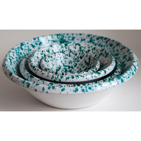 Italienska grönprickiga keramikskålar, från södra Apulien<br> 30, 24, 13 och 8 cm 