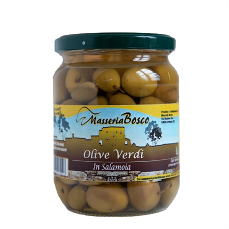 Gröna oliver i saltlag, med kärnor, De Padova, Apulien. 420 g netto